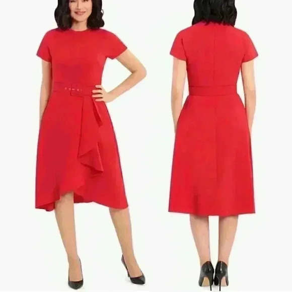 NWT Maggy London Crepe Arc Shoulder Cascade Skirt Belted Fit & Flare Midi Dress - Picture 1 of 9